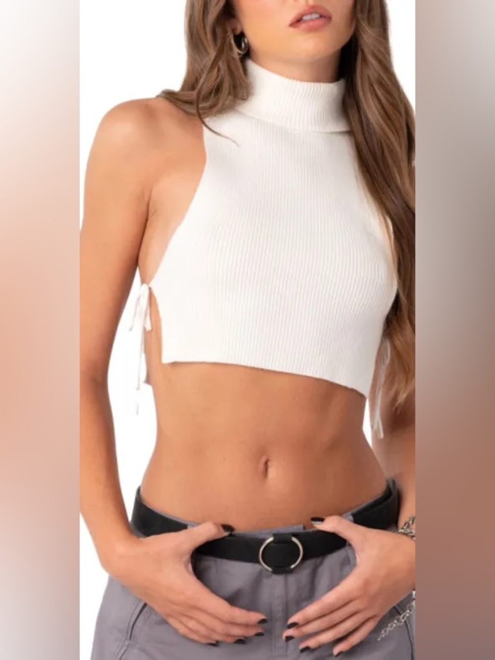 EDIKTED Sleeveless Crop Rib Turtleneck Sweater in White XS